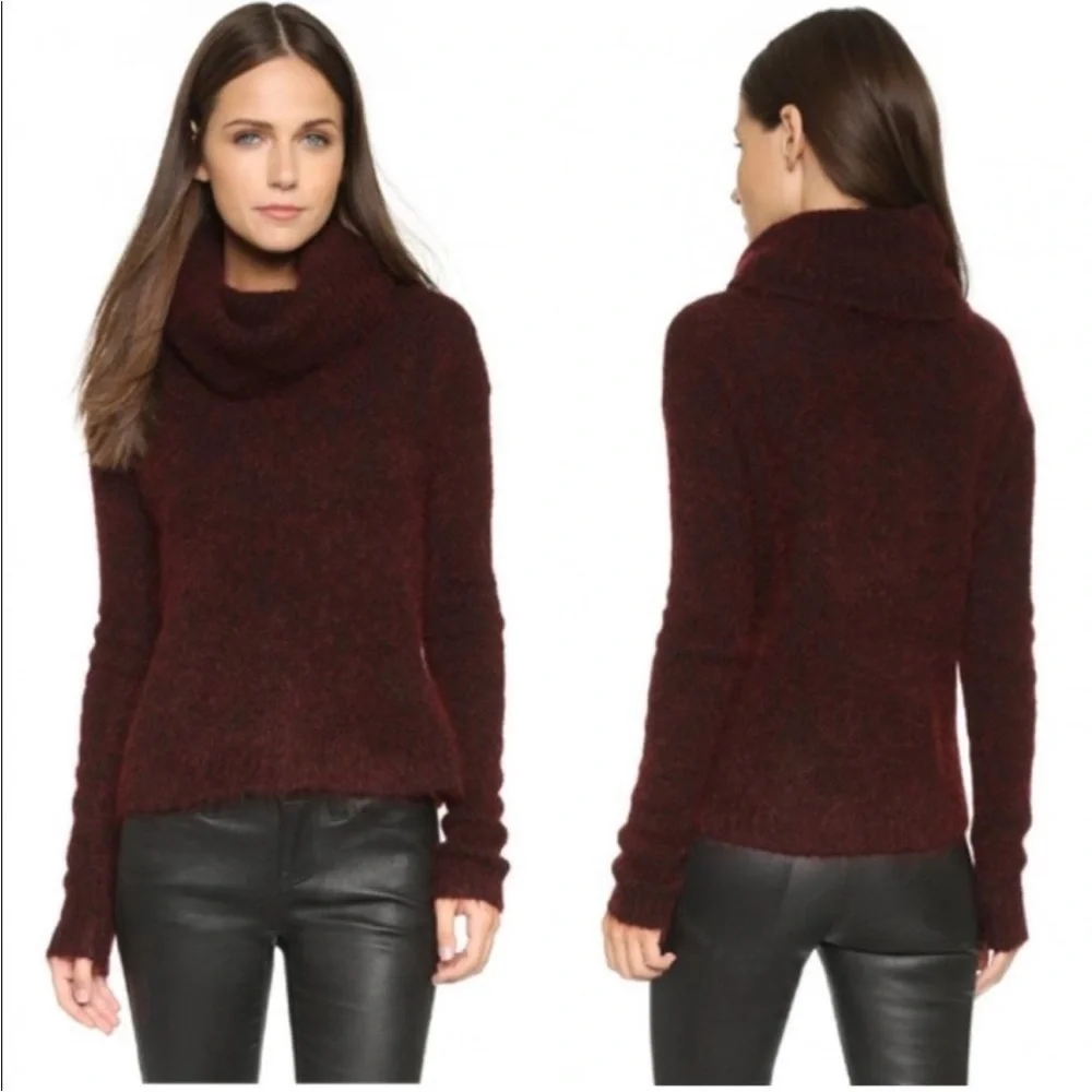 Alice + Olivia Gavin Cowl-Neck Pullover Fuzzy Wool Sweater – Maroon Red Small - Picture 3 of 14